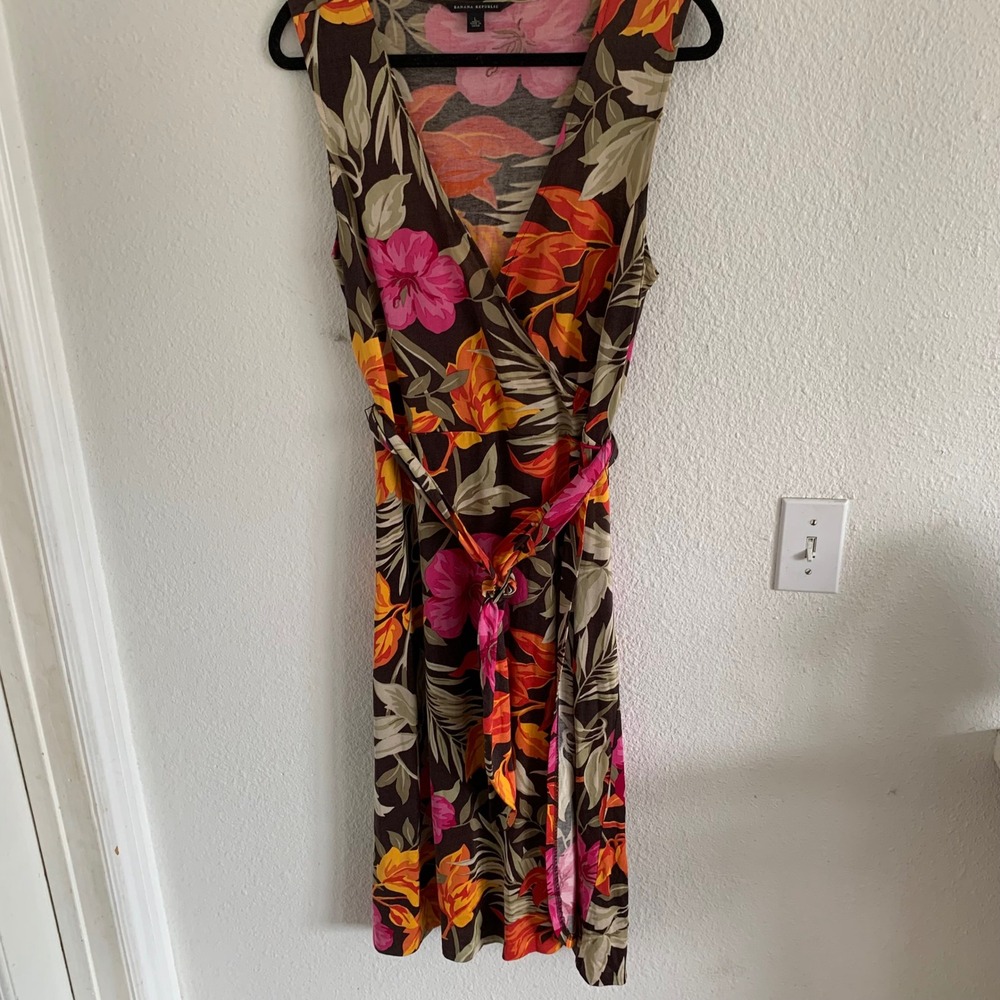 Banana Republic Silk Cotton Tropical Floral Faux Wrap Dress Brown Pink Orange L